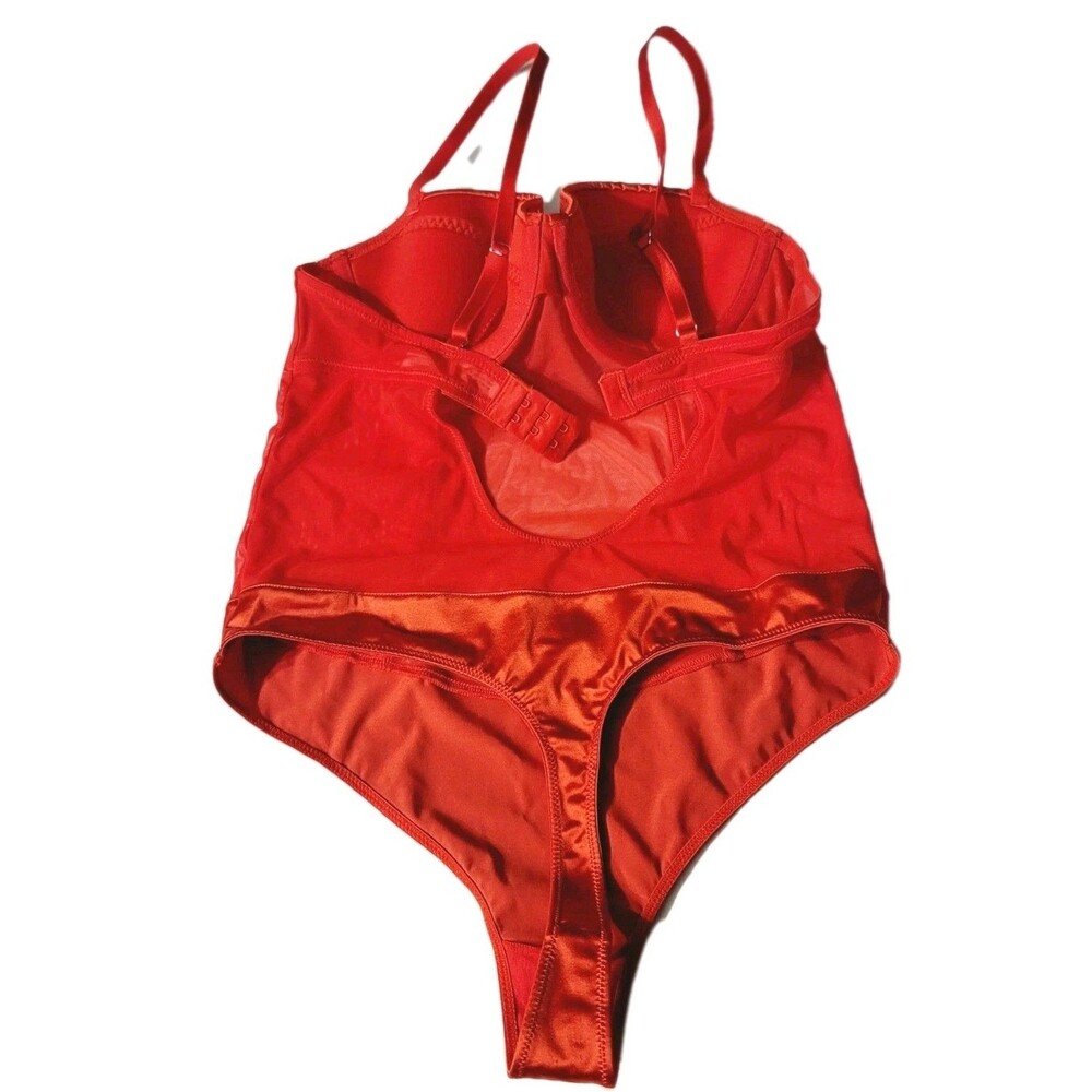 Auden Size S Red Satin Mesh Keyhole Lingerie Bodysuit Underwire Thong Lined Cups - Picture 7 of 9